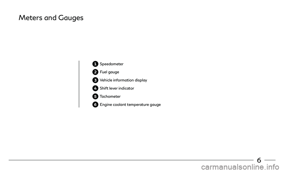 INFINITI QX30 2018  Quick Reference Guide 6
Meters and Gauges
 Speedometer
 Fuel gauge
 Vehicle information display
 Shift lever indicator
 Tachometer
 Engine coolant temperature gauge  