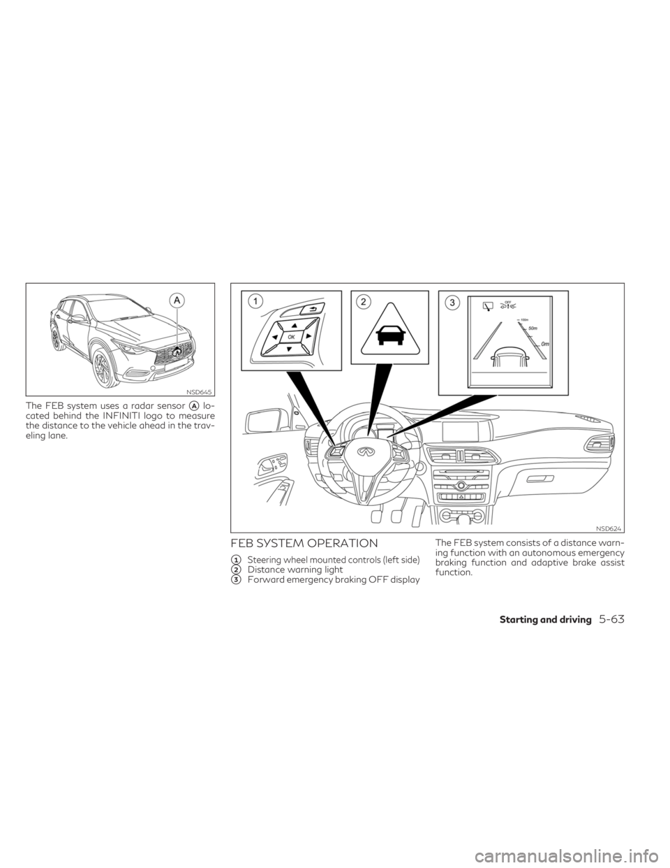 INFINITI QX30 2019  Owners Manual The FEB system uses a radar sensorAlo-
cated behind the INFINITI logo to measure
the distance to the vehicle ahead in the trav-
eling lane.
FEB SYSTEM OPERATION
1Steering wheel mounted controls (lef