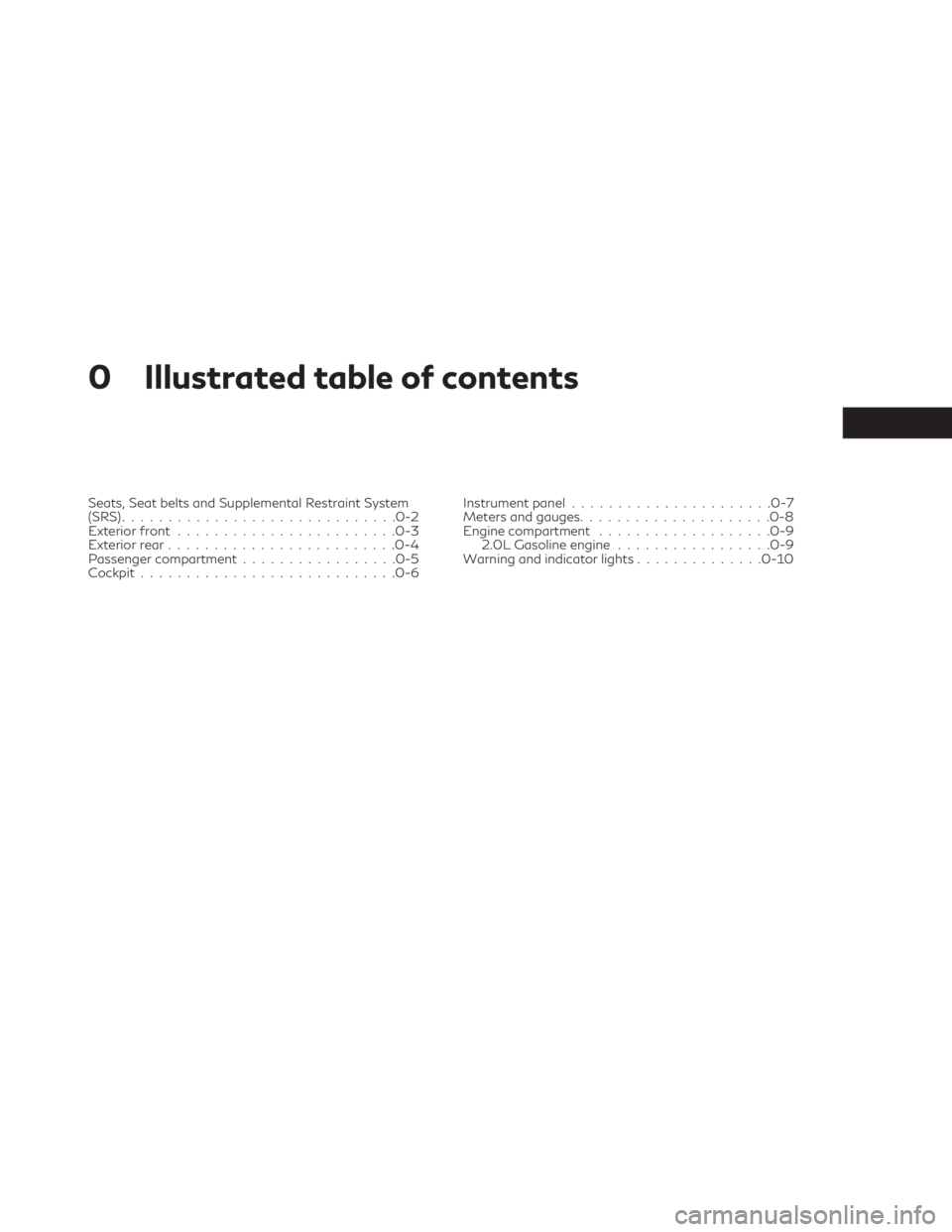 INFINITI QX30 2019  Owners Manual 0 Illustrated table of contents
Seats, Seat belts and Supplemental Restraint System
(SRS)..............................0-2
Exterior front........................0-3
Exterior rear......................