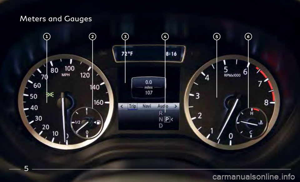 INFINITI QX30 2019 Quick Reference Guide 5
Meters and Gauges INFINITI QX30 2019 Quick Reference Guide 5
Meters and Gauges