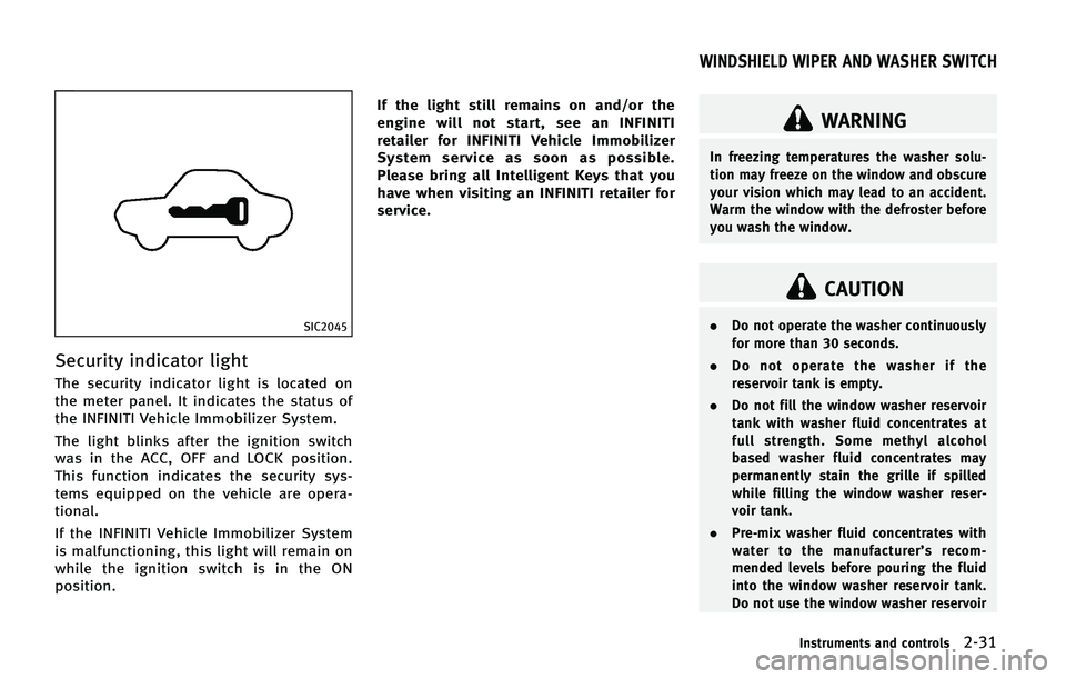 INFINITI QX50 2015  Owners Manual �4�*�$����
�4�F�D�V�S�J�U�Z �J�O�E�J�D�B�U�P�S �M�J�H�I�U
�5�I�F �T�F�D�V�S�J�U�Z �J�O�E�J�D�B�U�P�S �M�J�H�I�U �J�T �M�P�D�B�U�F�E �P�O
�U�I�F �N�F�U�F�S �Q�B�O�F�M� �*�U �J�O�E�J�D�B�U�F�T �U�I