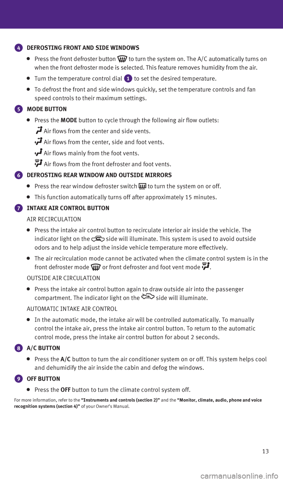 INFINITI QX50 2016 Quick Reference Guide 13
4 DEFROSTING FRONT AND SIDE WINDOWS
Press the front defroster button to turn the system on. The A/C automatically turns on
when the front defroster mode is selected. This feature removes h INFINITI QX50 2016 Quick Reference Guide 13
4 DEFROSTING FRONT AND SIDE WINDOWS
Press the front defroster button to turn the system on. The A/C automatically turns on
when the front defroster mode is selected. This feature removes h