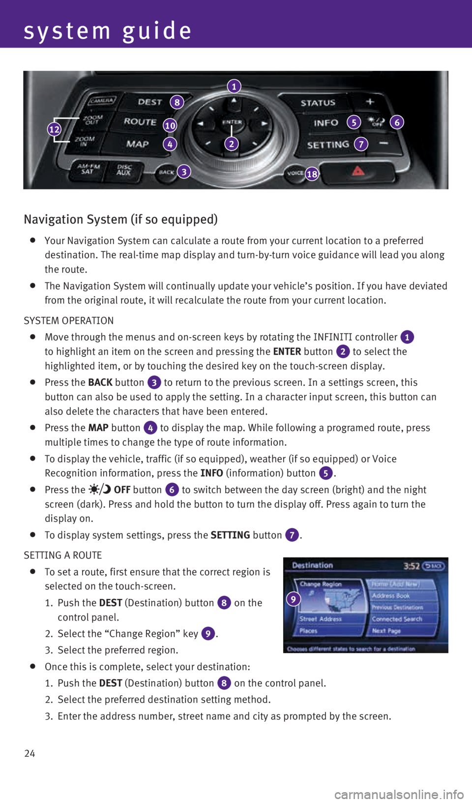 INFINITI QX50 2016  Quick Reference Guide 24
system guide
10
4
3
1
5
7
6
18
Navigation System (if so equipped)
    Your Navigation System can calculate a route from your current location \
to a preferred 
destination. The real-time map displa