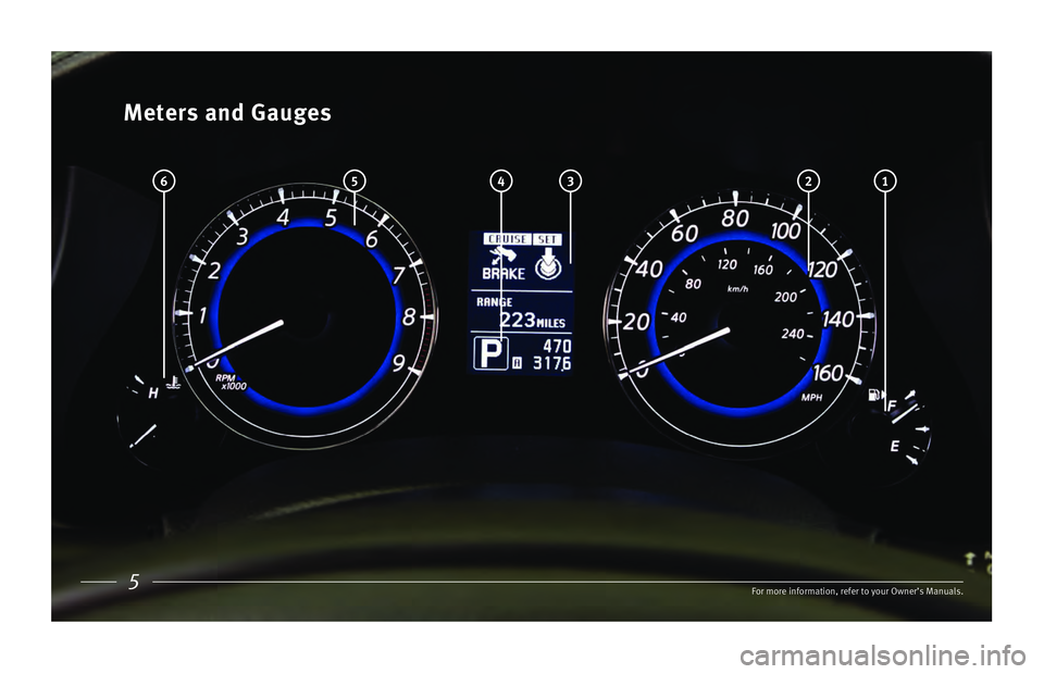 INFINITI QX50 2017 Quick Reference Guide 5
Meters and Gauges
\bor more informatio\nn, refer to your Ow\nner’s Manuals.
6 5 4 1 2 3 INFINITI QX50 2017 Quick Reference Guide 5
Meters and Gauges
\bor more informatio\nn, refer to your Ow\nner’s Manuals.
6 5 4 1 2 3