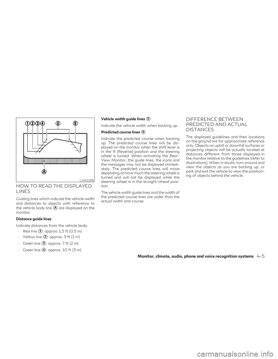 INFINITI QX50 2019  Owners Manual HOW TO READ THE DISPLAYED
LINES
Guiding lines which indicate the vehicle width
and distances to objects with reference to
the vehicle body line
Aare displayed on the
monitor.
Distance guide lines
Ind