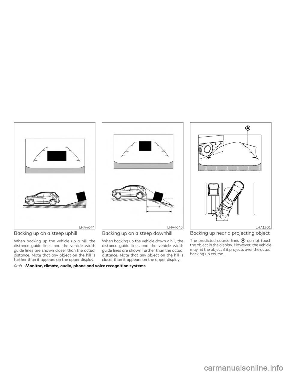 INFINITI QX50 2019  Owners Manual Backing up on a steep uphill
When backing up the vehicle up a hill, the
distance guide lines and the vehicle width
guide lines are shown closer than the actual
distance. Note that any object on the hi