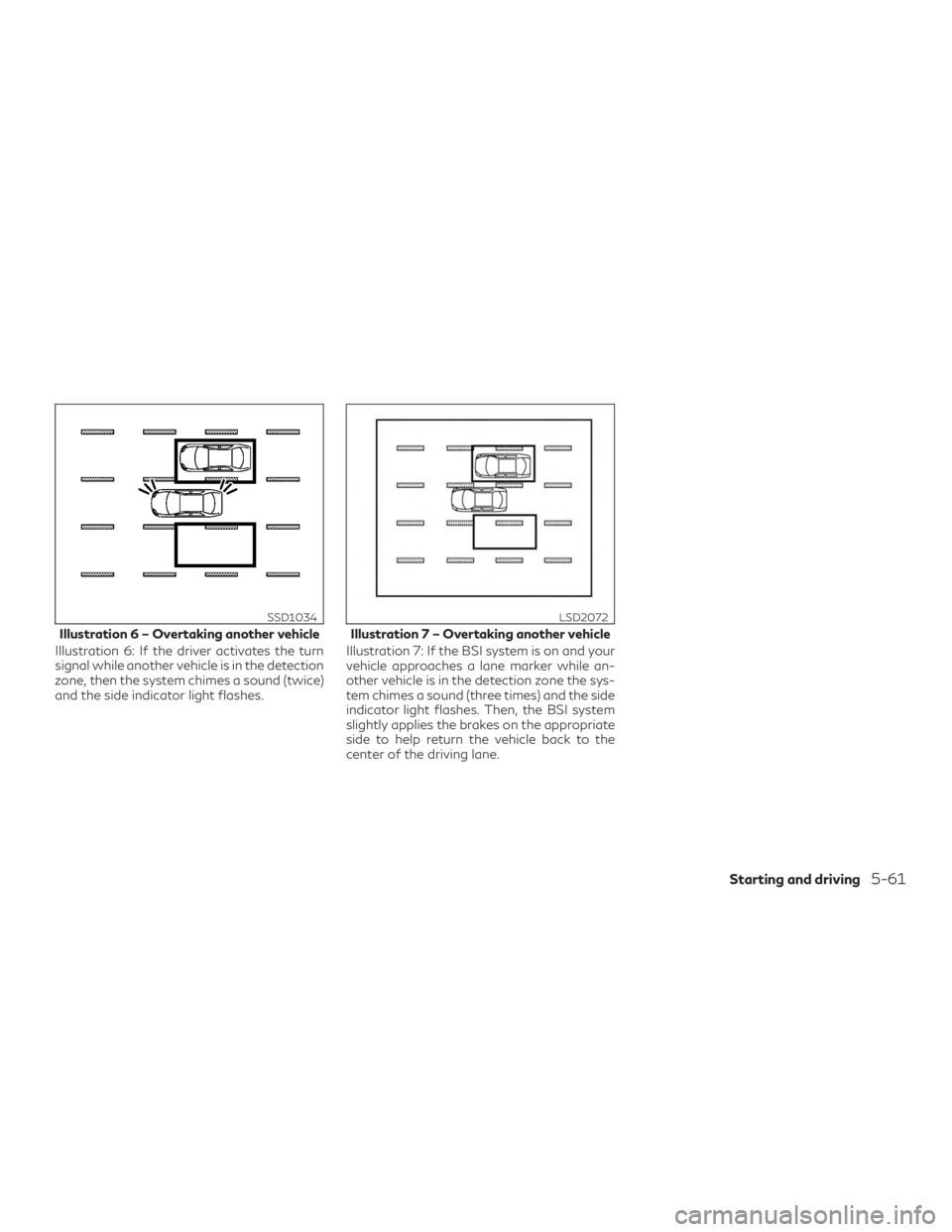 INFINITI QX50 2019 Owners Manual Illustration 6: If the driver activates the turn
signal while another vehicle is in the detection
zone, then the system chimes a sound (twice)
and the side indicator light flashes.Illustration 7: If t INFINITI QX50 2019 Owners Manual Illustration 6: If the driver activates the turn
signal while another vehicle is in the detection
zone, then the system chimes a sound (twice)
and the side indicator light flashes.Illustration 7: If t