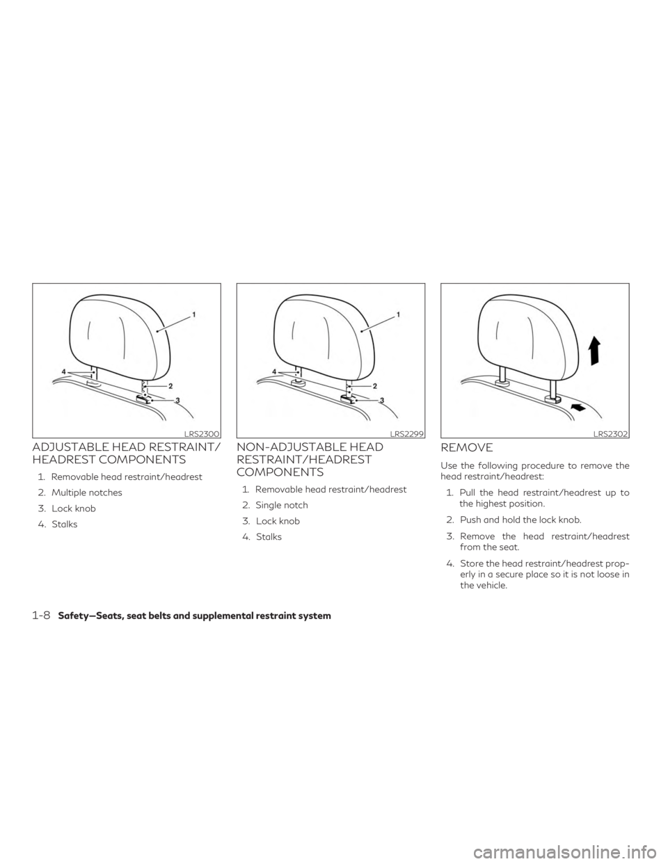 INFINITI QX50 2019 User Guide ADJUSTABLE HEAD RESTRAINT/
HEADREST COMPONENTS
1. Removable head restraint/headrest
2. Multiple notches
3. Lock knob
4. Stalks
NON-ADJUSTABLE HEAD
RESTRAINT/HEADREST
COMPONENTS
1. Removable head restr