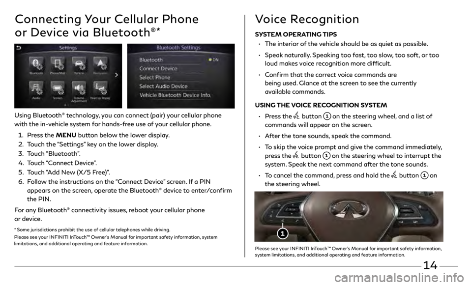 INFINITI QX50 2019 Quick Reference Guide 14
Connecting Your Cellular Phone
or Device via Bluetooth
®*
Using Bluetooth® technology, you can connect (pair) your cellular phone
with the in-vehicle system for hands-free use of your cellular INFINITI QX50 2019 Quick Reference Guide 14
Connecting Your Cellular Phone
or Device via Bluetooth
®*
Using Bluetooth® technology, you can connect (pair) your cellular phone
with the in-vehicle system for hands-free use of your cellular
