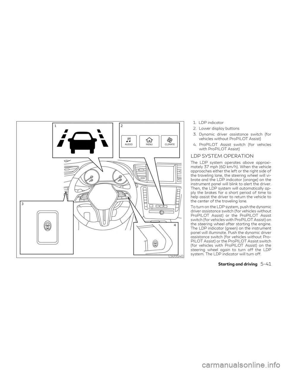 INFINITI QX50 2020  Owners Manual 1. LDP indicator
2. Lower display buttons
3. Dynamic driver assistance switch (forvehicles without ProPILOT Assist)
4. ProPILOT Assist switch (for vehicles with ProPILOT Assist)
LDP SYSTEM OPERATION
T