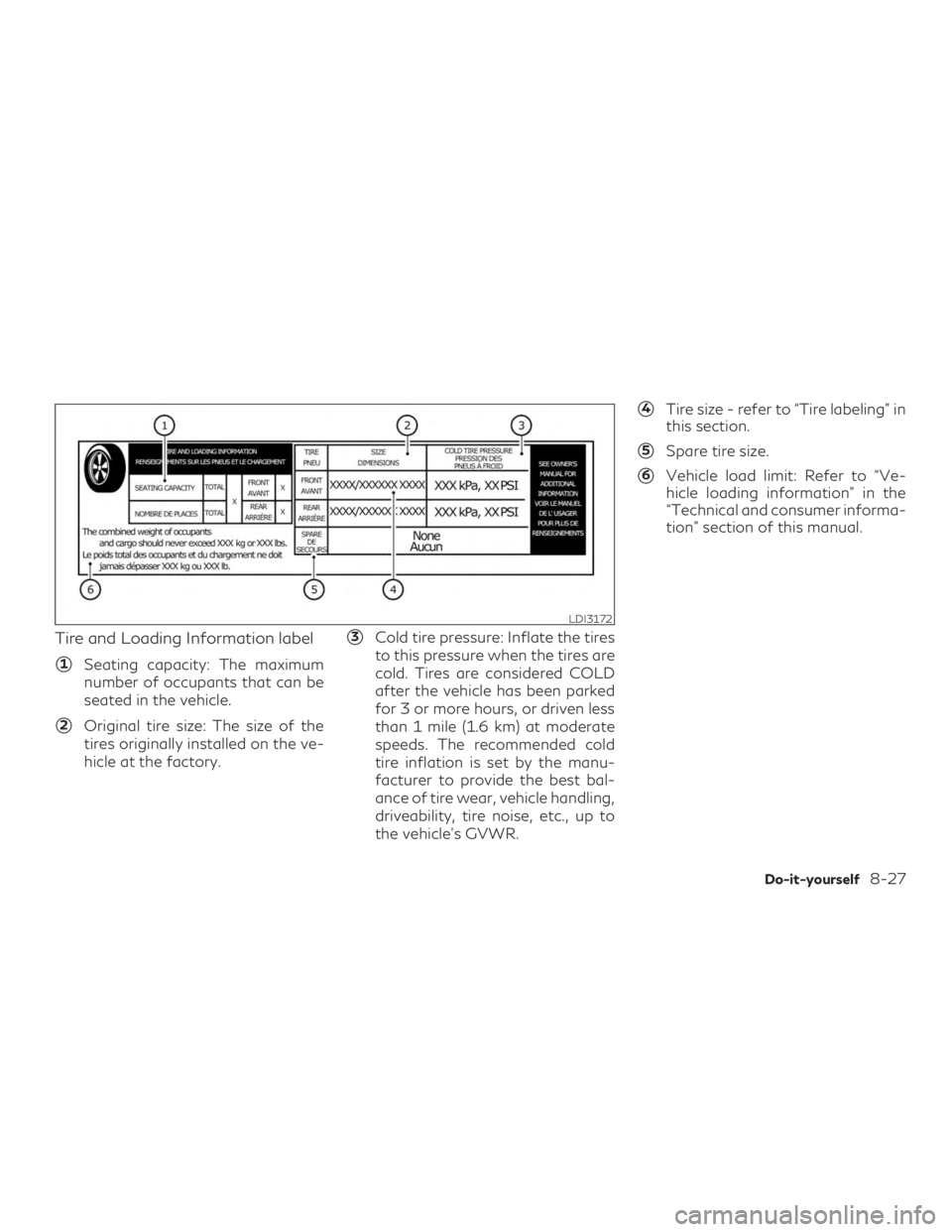 INFINITI QX50 2020  Owners Manual Tire and Loading Information label
1Seating capacity: The maximum
number of occupants that can be
seated in the vehicle.
2Original tire size: The size of the
tires originally installed on the ve-
hi