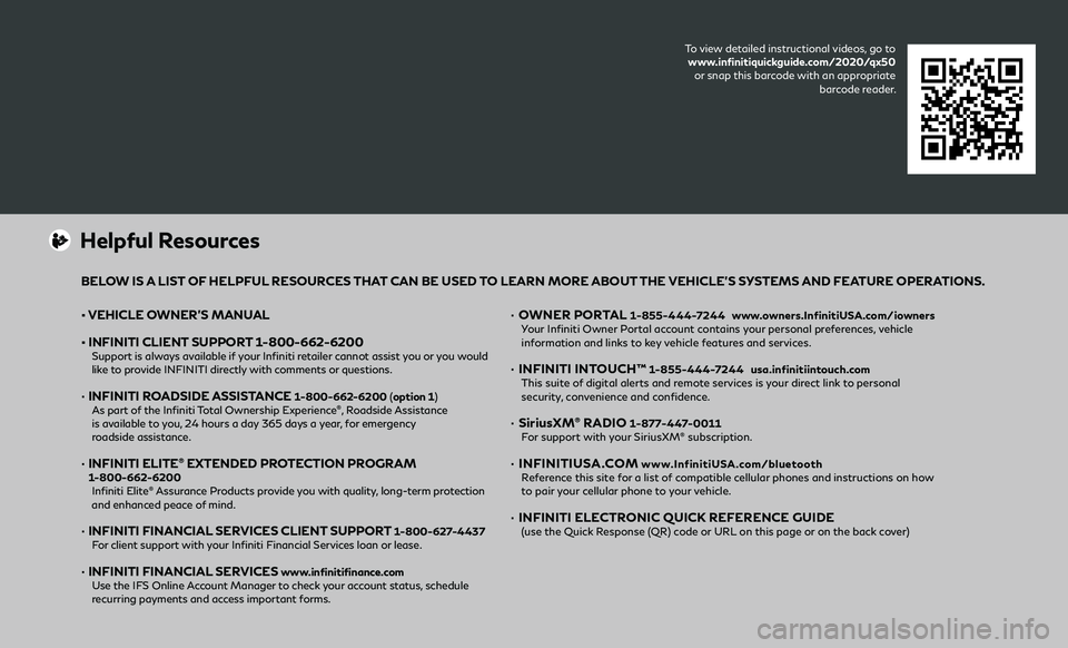 INFINITI QX50 2020 Quick Reference Guide To view detailed instructional videos, go to
www.infinitiquickguide.com/2020/qx50
or snap this barcode with an appropriate barcode reader.
• VEHICLE OWNER’S MANUAL
• INFINITI CLIENT SUPPO INFINITI QX50 2020 Quick Reference Guide To view detailed instructional videos, go to
www.infinitiquickguide.com/2020/qx50
or snap this barcode with an appropriate barcode reader.
• VEHICLE OWNER’S MANUAL
• INFINITI CLIENT SUPPO