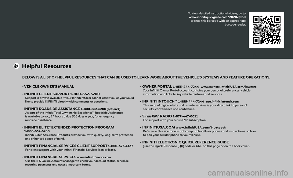 INFINITI QX50 2020  Quick Reference Guide To view detailed instructional videos, go to  
www.infinitiquickguide.com/2020/qx50   
or snap this barcode with an appropriate  barcode reader.
• VEHICLE OWNER’S MANUAL
•  INFINITI CLIENT SUPPO
