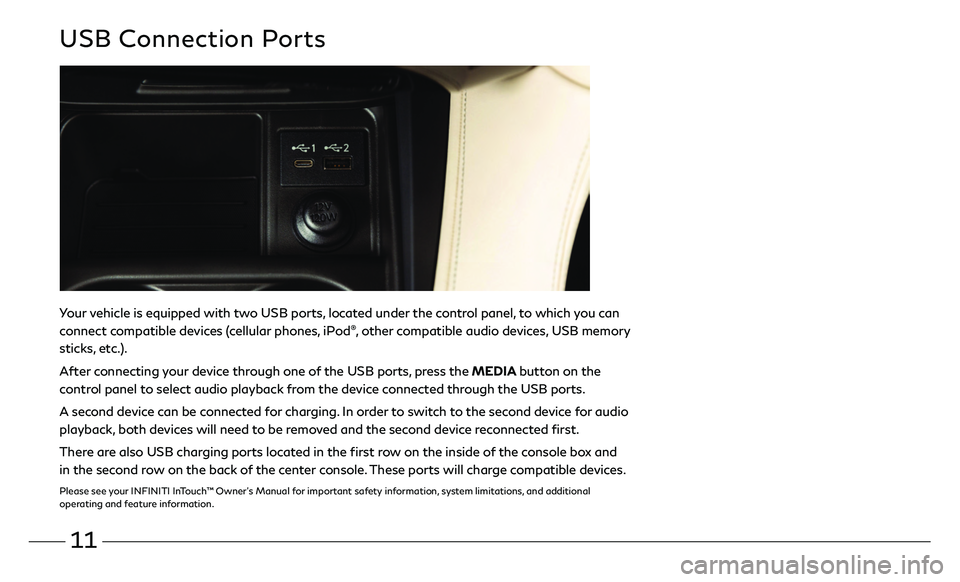 INFINITI QX50 2020 Quick Reference Guide 11
Your vehicle is equipped with two USB ports, located under the control panel, to which you can
connect compatible devices (cellular phones, iPod®, other compatible audio devices, USB memory
stic INFINITI QX50 2020 Quick Reference Guide 11
Your vehicle is equipped with two USB ports, located under the control panel, to which you can
connect compatible devices (cellular phones, iPod®, other compatible audio devices, USB memory
stic