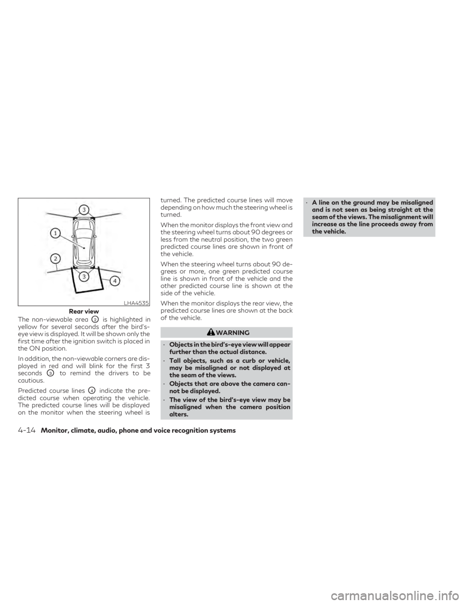 INFINITI QX50 2021 Workshop Manual The non-viewable areaO2is highlighted in
yellow for several seconds after the bird’s-
eye view is displayed. It will be shown only the
first time after the ignition switch is placed in
the ON positi INFINITI QX50 2021 Workshop Manual The non-viewable areaO2is highlighted in
yellow for several seconds after the bird’s-
eye view is displayed. It will be shown only the
first time after the ignition switch is placed in
the ON positi
