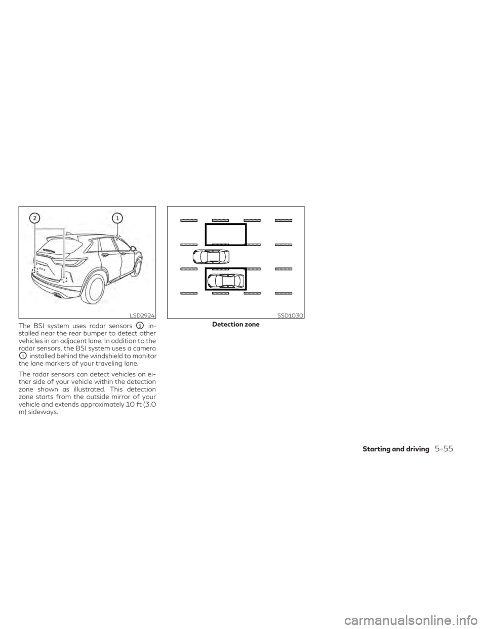 INFINITI QX50 2021 Service Manual The BSI system uses radar sensorsO2in-
stalled near the rear bumper to detect other
vehicles in an adjacent lane. In addition to the
radar sensors, the BSI system uses a camera
O1installed behind the INFINITI QX50 2021 Service Manual The BSI system uses radar sensorsO2in-
stalled near the rear bumper to detect other
vehicles in an adjacent lane. In addition to the
radar sensors, the BSI system uses a camera
O1installed behind the