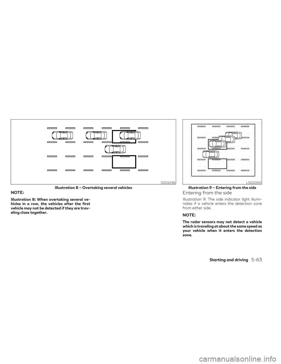 INFINITI QX50 2021 Service Manual NOTE:
Illustration 8: When overtaking several ve-
hicles in a row, the vehicles after the first
vehicle may not be detected if they are trav-
eling close together.
Entering from the side
Illustration INFINITI QX50 2021 Service Manual NOTE:
Illustration 8: When overtaking several ve-
hicles in a row, the vehicles after the first
vehicle may not be detected if they are trav-
eling close together.
Entering from the side
Illustration