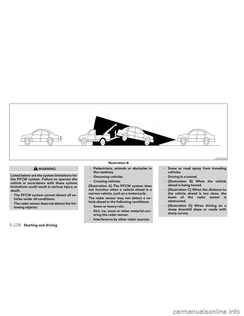 INFINITI QX50 2021 Manual Online WARNING
Listed below are the system limitations for
the PFCW system. Failure to operate the
vehicle in accordance with these system
limitations could result in serious injury or
death.
• The PFCW sy INFINITI QX50 2021 Manual Online WARNING
Listed below are the system limitations for
the PFCW system. Failure to operate the
vehicle in accordance with these system
limitations could result in serious injury or
death.
• The PFCW sy