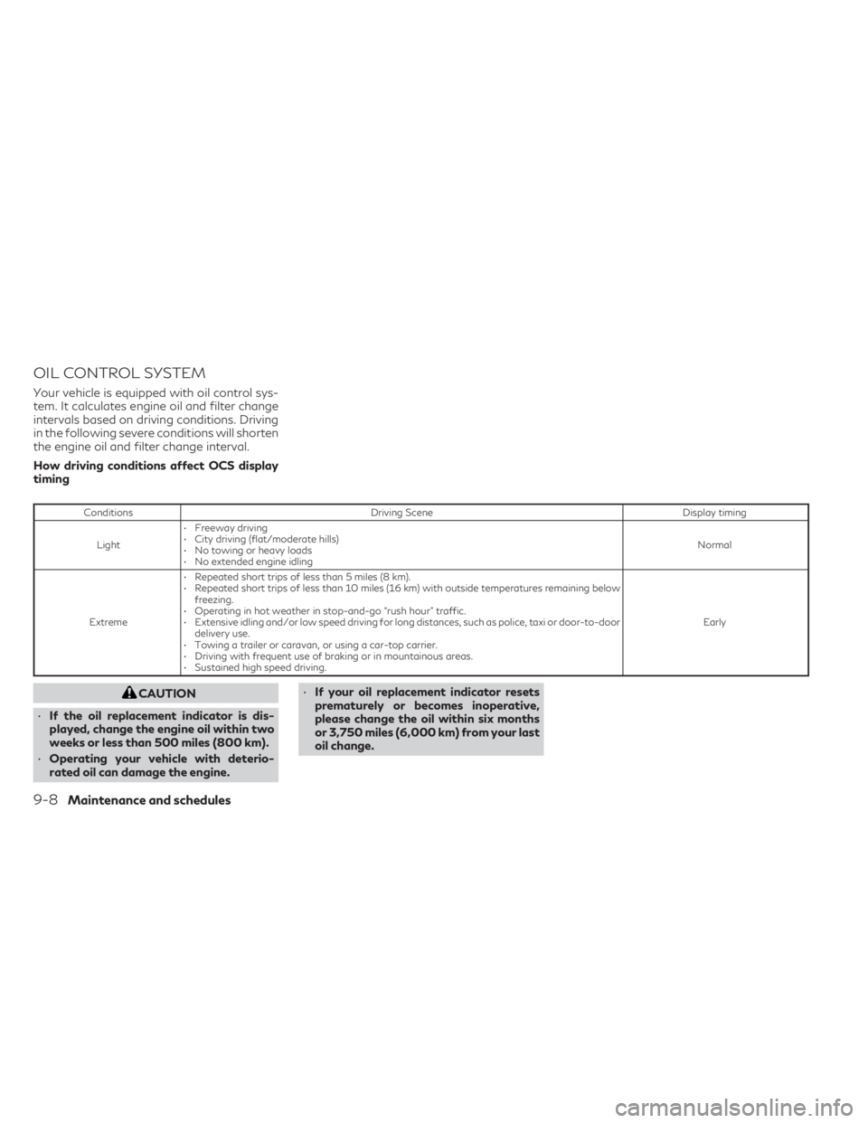 INFINITI QX50 2021  Owners Manual OIL CONTROL SYSTEM
Your vehicle is equipped with oil control sys-
tem. It calculates engine oil and filter change
intervals based on driving conditions. Driving
in the following severe conditions will