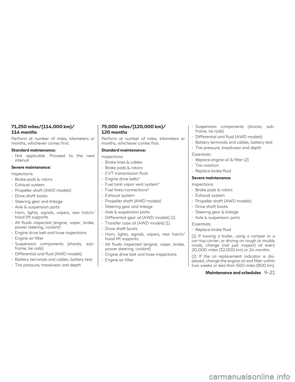 INFINITI QX50 2021 Owners Guide 71,250 miles/(114,000 km)/
114 months
Perform at number of miles, kilometers or
months, whichever comes first.
Standard maintenance:
• Not applicable. Proceed to the nextinterval.
Severe maintenance