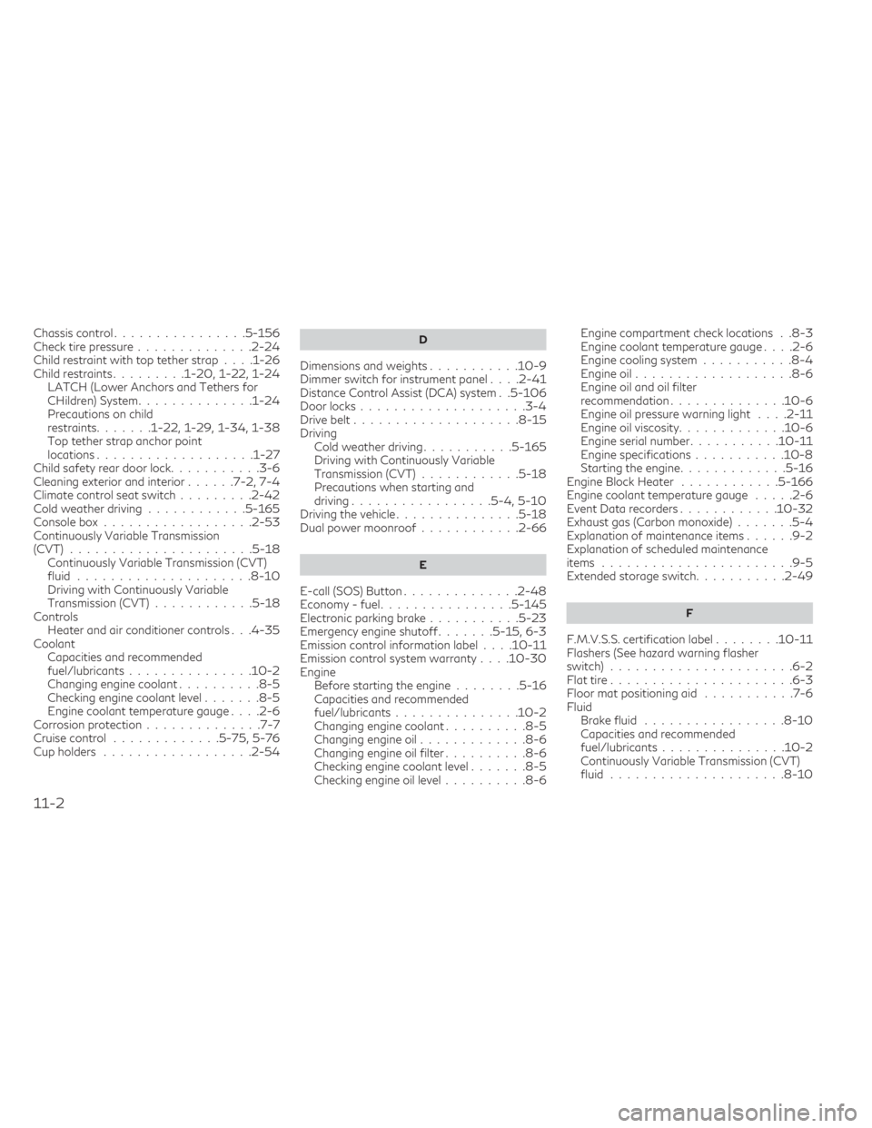 INFINITI QX50 2021  Owners Manual Chassis control................5-156Check tire pressure..............2-24Child restraint with top tether strap. . . .1-26Child restraints.........1-20, 1-22, 1-24LATCH (Lower Anchors and Tethers for
C