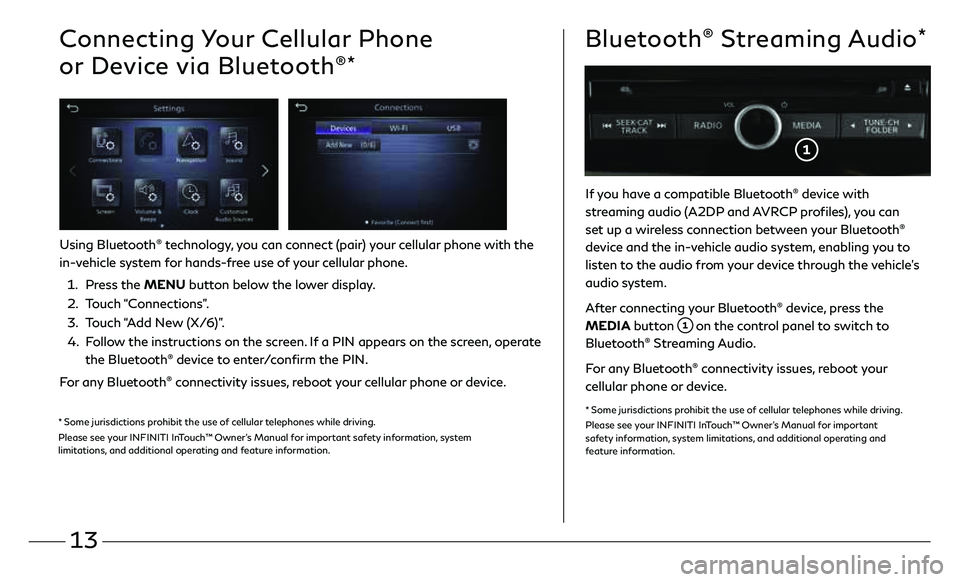 INFINITI QX50 2021 Quick Reference Guide 13
Connecting Your Cellular Phone
or Device via Bluetooth
®*
Using Bluetooth® technology, you can connect (pair) your cellular phone with the
in-vehicle system for hands-free use of your cellular INFINITI QX50 2021 Quick Reference Guide 13
Connecting Your Cellular Phone
or Device via Bluetooth
®*
Using Bluetooth® technology, you can connect (pair) your cellular phone with the
in-vehicle system for hands-free use of your cellular