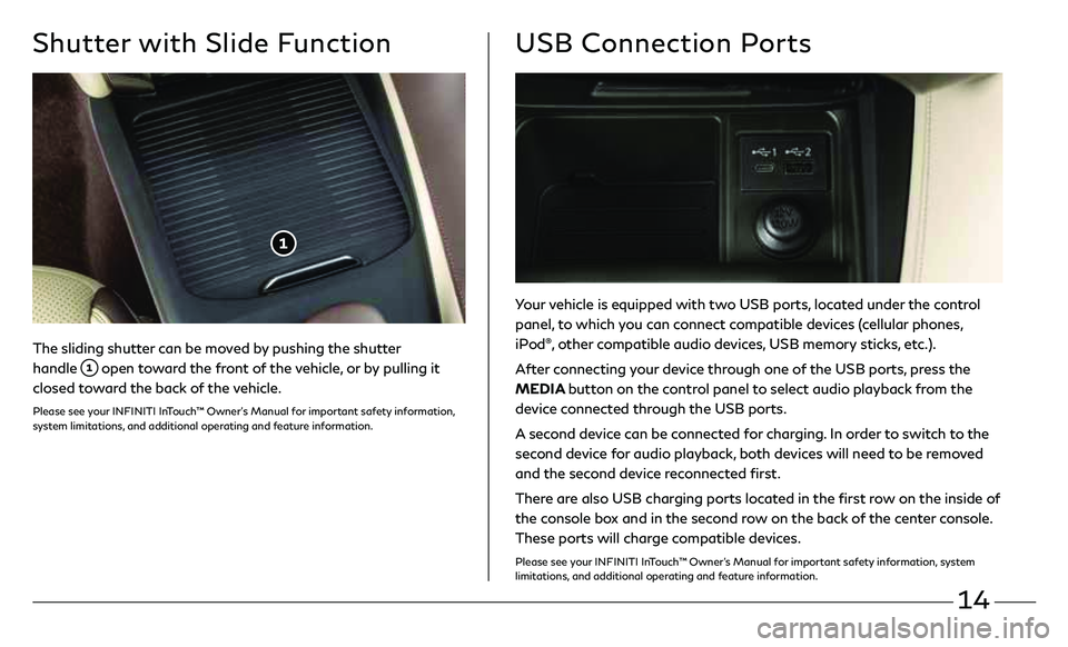 INFINITI QX50 2021 Quick Reference Guide 14
Your vehicle is equipped with two USB ports, located under the control
panel, to which you can connect compatible devices (cellular phones,
iPod
®, other compatible audio devices, USB memory sti INFINITI QX50 2021 Quick Reference Guide 14
Your vehicle is equipped with two USB ports, located under the control
panel, to which you can connect compatible devices (cellular phones,
iPod
®, other compatible audio devices, USB memory sti