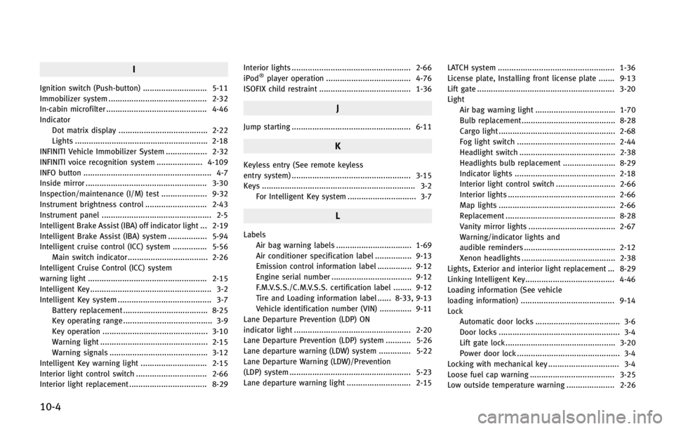 INFINITI QX56 2013 Service Manual 10-4
I
Ignition switch (Push-button) ............................ 5-11
Immobilizer system ........................................... 2-32
In-cabin microfilter ........................................