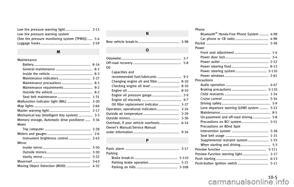 INFINITI QX56 2013 Service Manual Low tire pressure warning light ......................... 2-15
Low tire pressure warning system
(See tire pressure monitoring system (TPMS)) ..... 5-4
Luggage hooks ...................................