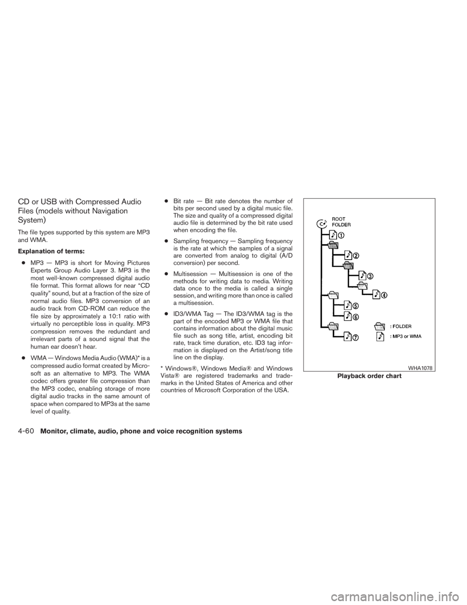 INFINITI QX60 2014 Owners Guide CD or USB with Compressed Audio
Files (models without Navigation
System)
The file types supported by this system are MP3
and WMA.
Explanation of terms:
●MP3 — MP3 is short for Moving Pictures
Expe INFINITI QX60 2014 Owners Guide CD or USB with Compressed Audio
Files (models without Navigation
System)
The file types supported by this system are MP3
and WMA.
Explanation of terms:
●MP3 — MP3 is short for Moving Pictures
Expe