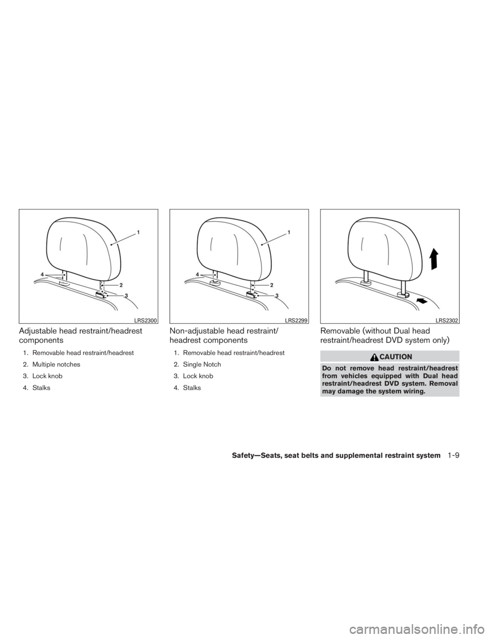 INFINITI QX60 2014 Owners Guide Adjustable head restraint/headrest
components
1. Removable head restraint/headrest
2. Multiple notches
3. Lock knob
4. Stalks
Non-adjustable head restraint/
headrest components
1. Removable head restr