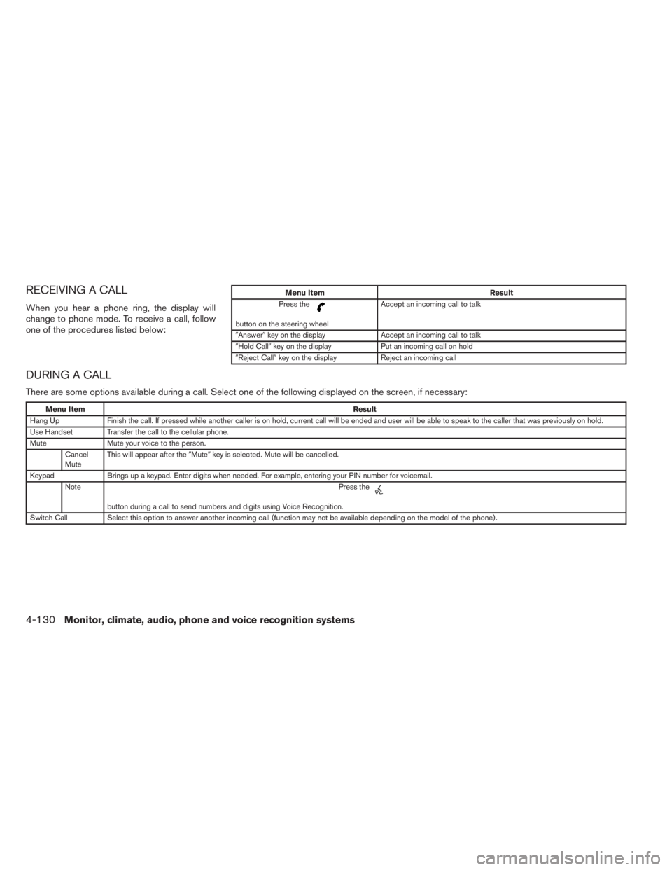 INFINITI QX60 2014  Owners Manual RECEIVING A CALL
When you hear a phone ring, the display will
change to phone mode. To receive a call, follow
one of the procedures listed below:
Menu Item Result
Press the
button on the steering whee