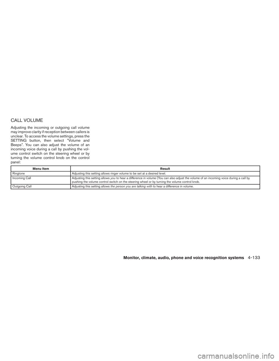INFINITI QX60 2014 Manual Online CALL VOLUME
Adjusting the incoming or outgoing call volume
may improve clarity if reception between callers is
unclear. To access the volume settings, press the
SETTING button, then select ”Volume a