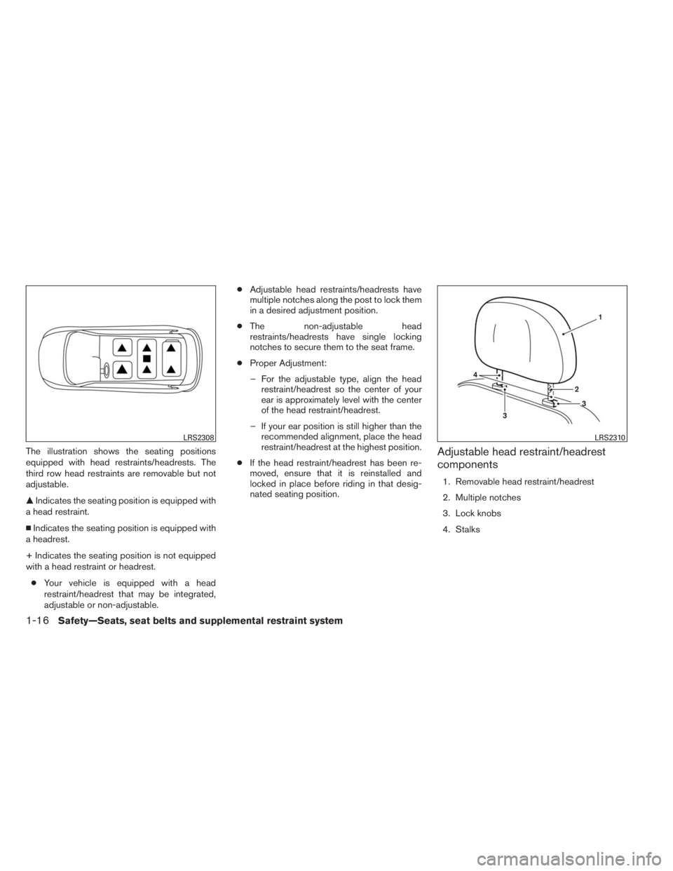 INFINITI QX60 2014 Owners Guide The illustration shows the seating positions
equipped with head restraints/headrests. The
third row head restraints are removable but not
adjustable.
Indicates the seating position is equipped with
a
