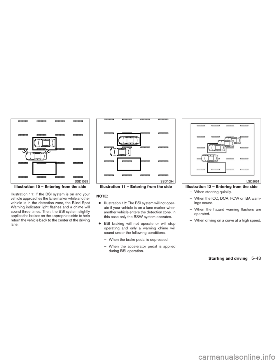 INFINITI QX60 2014 Service Manual Illustration 11: If the BSI system is on and your
vehicle approaches the lane marker while another
vehicle is in the detection zone, the Blind Spot
Warning indicator light flashes and a chime will
sou INFINITI QX60 2014 Service Manual Illustration 11: If the BSI system is on and your
vehicle approaches the lane marker while another
vehicle is in the detection zone, the Blind Spot
Warning indicator light flashes and a chime will
sou