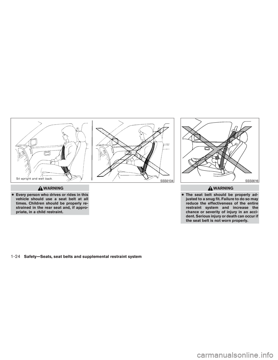 INFINITI QX60 2014 Service Manual WARNING
●Every person who drives or rides in this
vehicle should use a seat belt at all
times. Children should be properly re-
strained in the rear seat and, if appro-
priate, in a child restraint.
