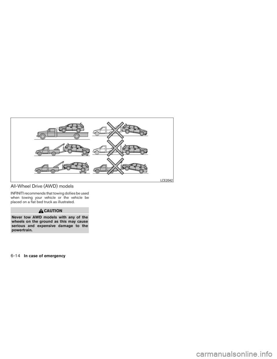 INFINITI QX60 2014 Manual Online All-Wheel Drive (AWD) models
INFINITI recommends that towing dollies be used
when towing your vehicle or the vehicle be
placed on a flat bed truck as illustrated.
CAUTION
Never tow AWD models with any