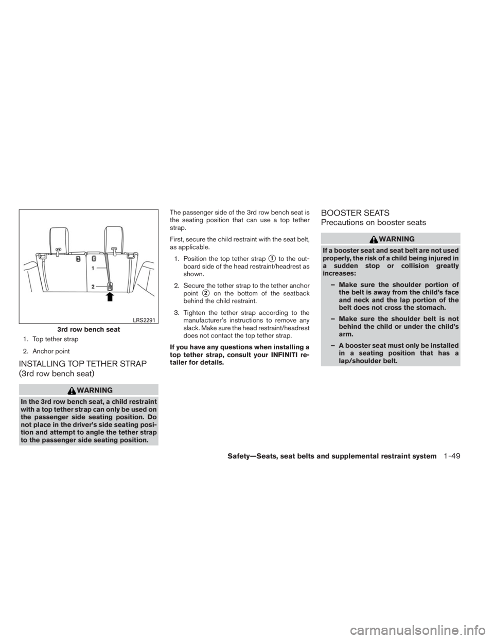 INFINITI QX60 2014 Repair Manual 1. Top tether strap
2. Anchor point
INSTALLING TOP TETHER STRAP
(3rd row bench seat)
WARNING
In the 3rd row bench seat, a child restraint
with a top tether strap can only be used on
the passenger side