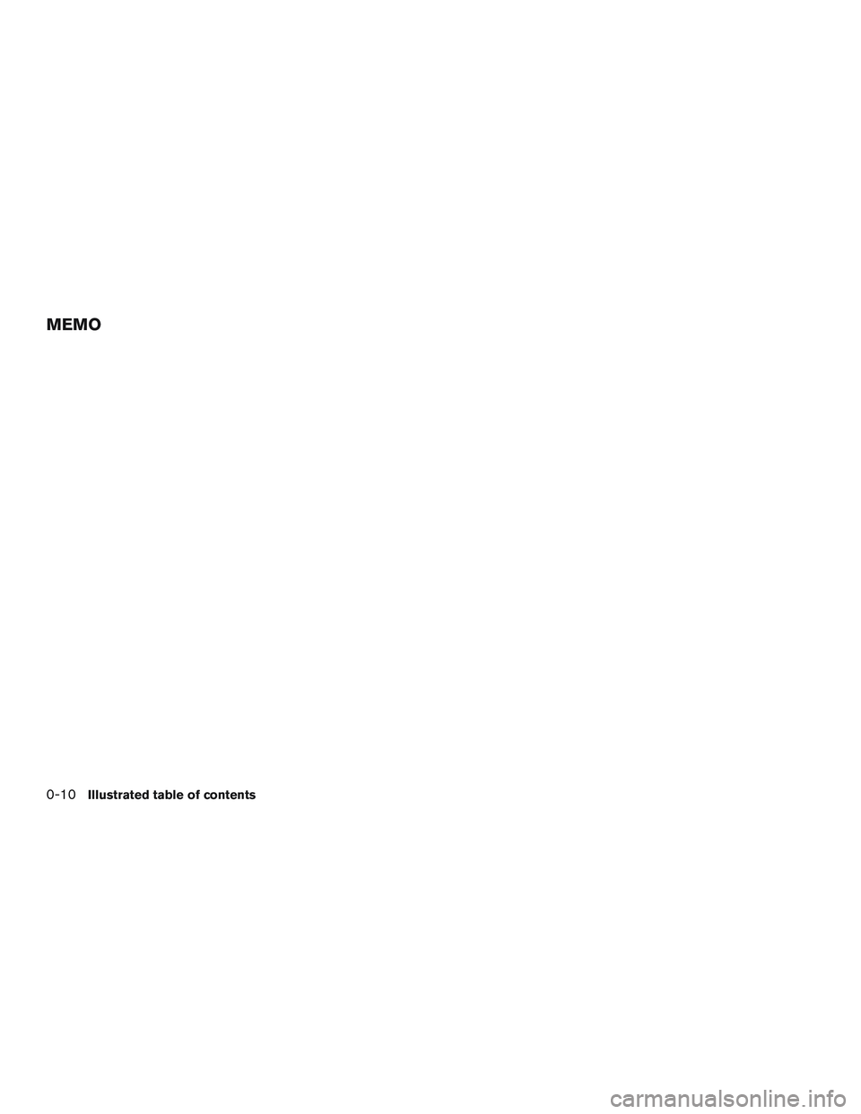INFINITI QX60 2015 User Guide MEMO
0-10Illustrated table of contents INFINITI QX60 2015 User Guide MEMO
0-10Illustrated table of contents
