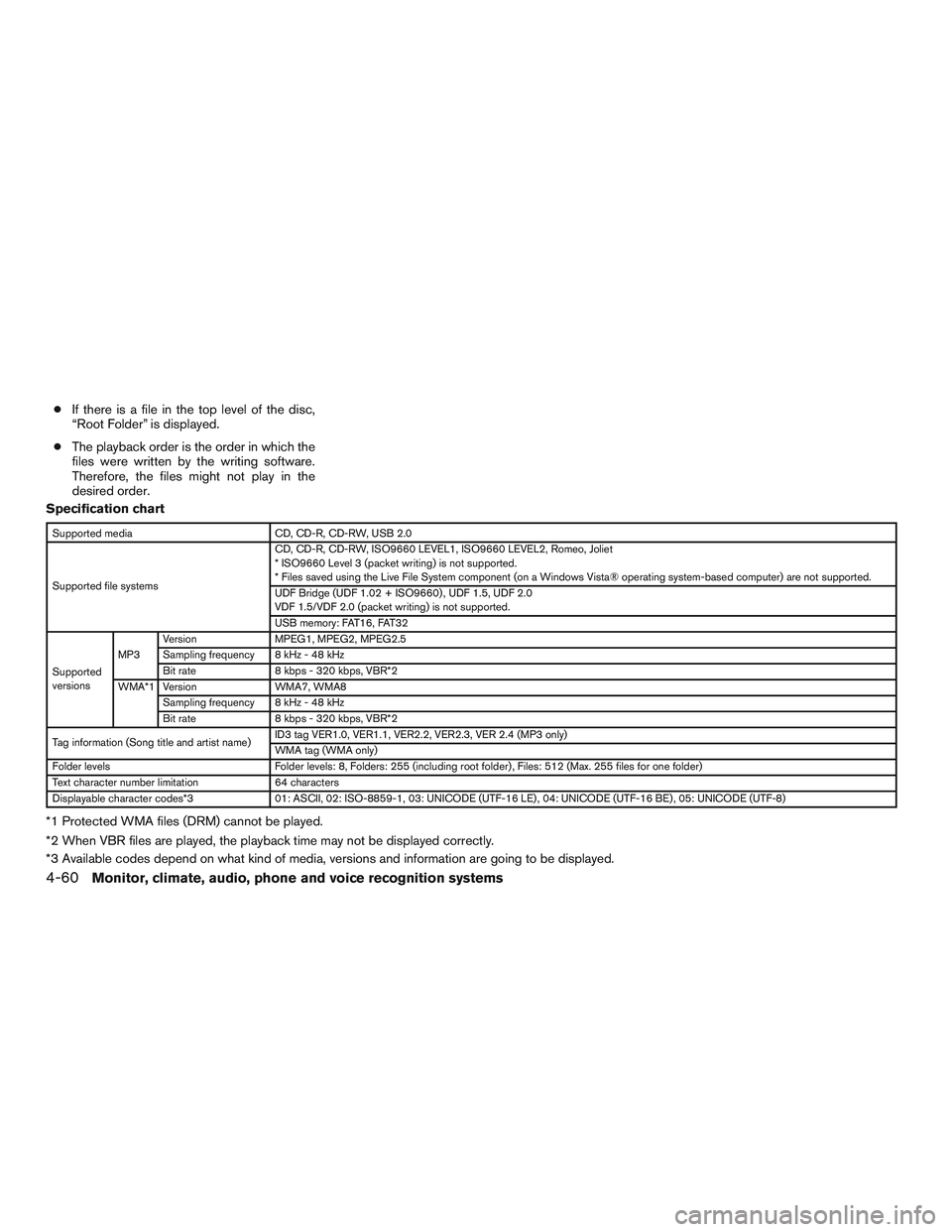 INFINITI QX60 2015 Owners Manual ●If there is a file in the top level of the disc,
“Root Folder” is displayed.
● The playback order is the order in which the
files were written by the writing software.
Therefore, the files mi INFINITI QX60 2015 Owners Manual ●If there is a file in the top level of the disc,
“Root Folder” is displayed.
● The playback order is the order in which the
files were written by the writing software.
Therefore, the files mi