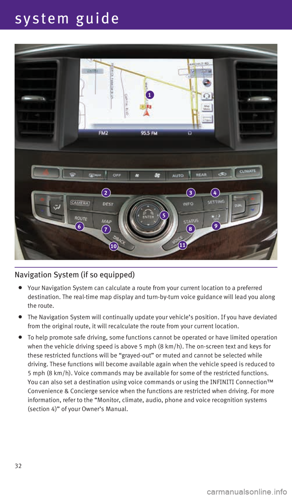 INFINITI QX60 2015  Quick Reference Guide 32
system guide
Navigation System (if so equipped)
   Your Navigation System can calculate a route from your current location \
to a preferred 
destination. The real-time map display and turn-by-turn 