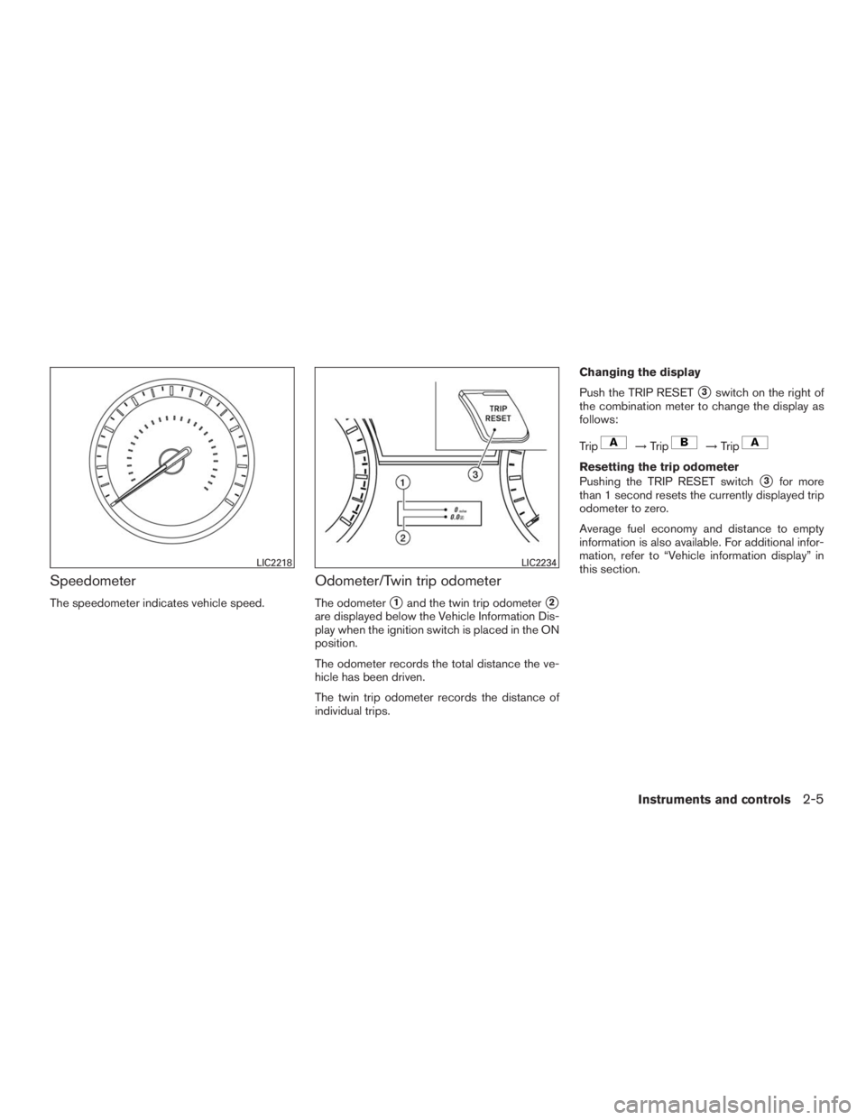 INFINITI QX60 2016  Owners Manual Speedometer
The speedometer indicates vehicle speed.
Odometer/Twin trip odometer
The odometer1and the twin trip odometer2
are displayed below the Vehicle Information Dis-
play when the ignition swit