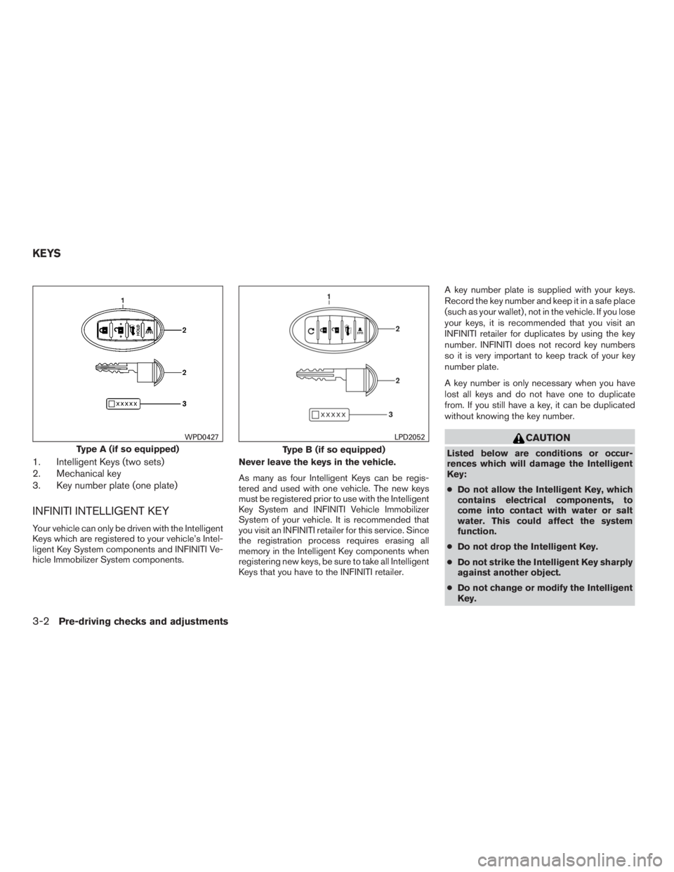 INFINITI QX60 2016  Owners Manual 1. Intelligent Keys (two sets)
2. Mechanical key
3. Key number plate (one plate)
INFINITI INTELLIGENT KEY
Your vehicle can only be driven with the Intelligent
Keys which are registered to your vehicle