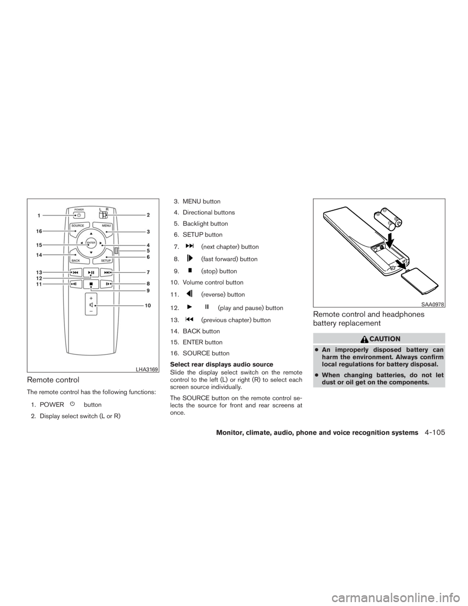 INFINITI QX60 2016  Owners Manual Remote control
The remote control has the following functions:
1. POWER
button
2. Display select switch (L or R)3. MENU button
4. Directional buttons
5. Backlight button
6. SETUP button
7.
(next chapt