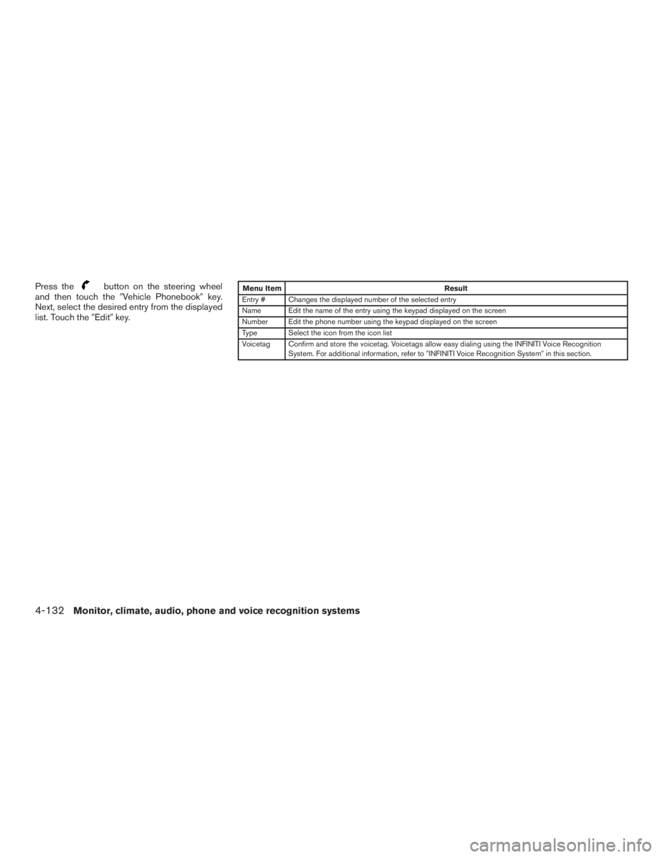 INFINITI QX60 2016  Owners Manual Press thebutton on the steering wheel
and then touch theVehicle Phonebookkey.
Next, select the desired entry from the displayed
list. Touch theEditkey.Menu Item Result
Entry # Changes the displaye