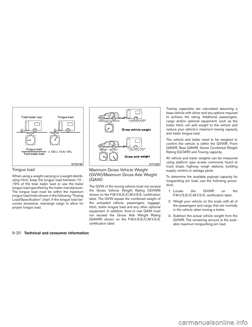 INFINITI QX60 2016  Owners Manual Tongue load
When using a weight carrying or a weight distrib-
uting hitch, keep the tongue load between 10 -
15% of the total trailer load or use the trailer
tongue load specified by the trailer manuf