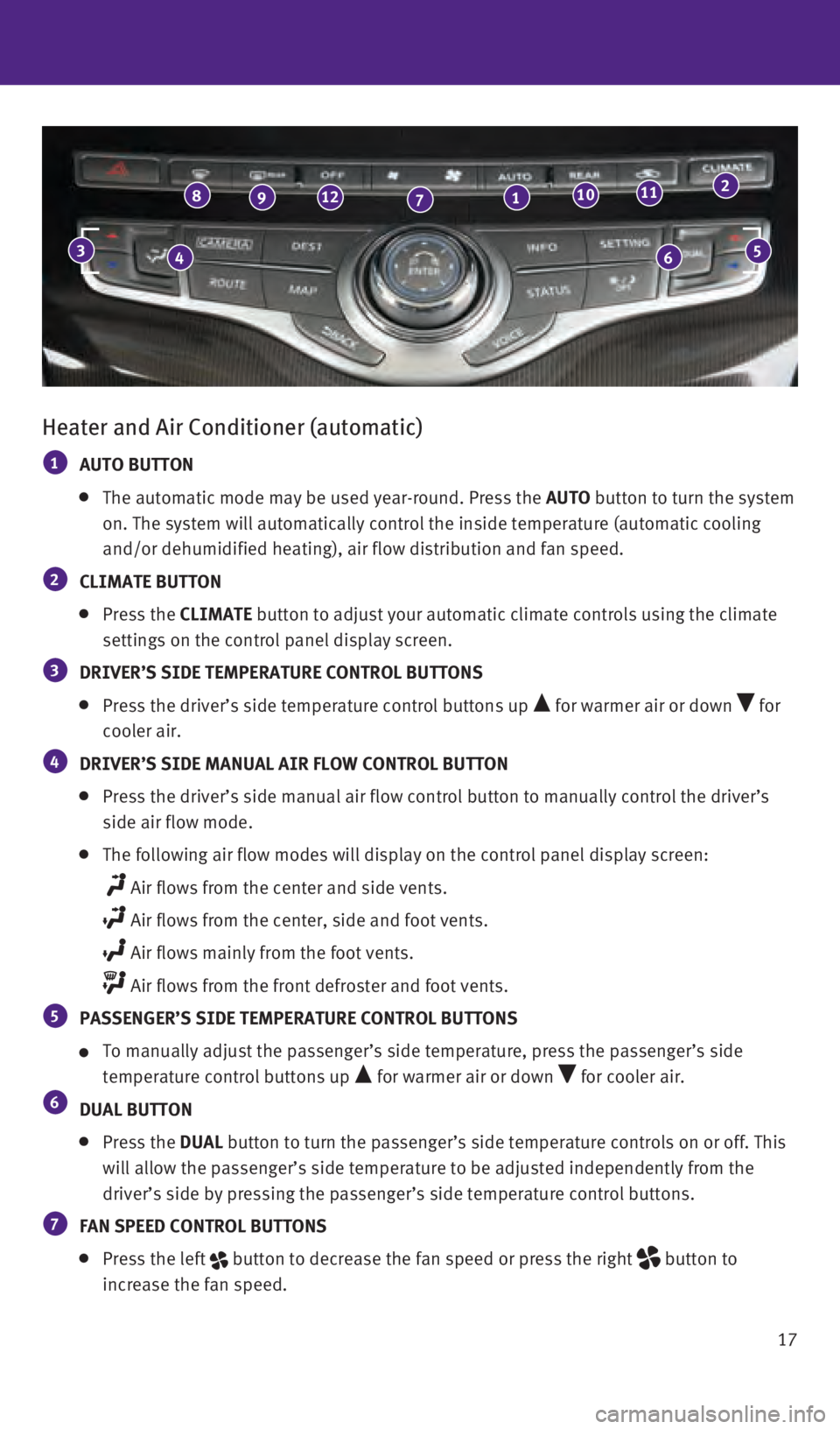INFINITI QX60 2016 Quick Reference Guide 17
Heater and Air Conditioner (automatic)
1 AUTO BUTTON
The automatic mode may be used year-round. Press the AUTO button to turn the system
on. The system will automatically control the inside t INFINITI QX60 2016 Quick Reference Guide 17
Heater and Air Conditioner (automatic)
1 AUTO BUTTON
The automatic mode may be used year-round. Press the AUTO button to turn the system
on. The system will automatically control the inside t