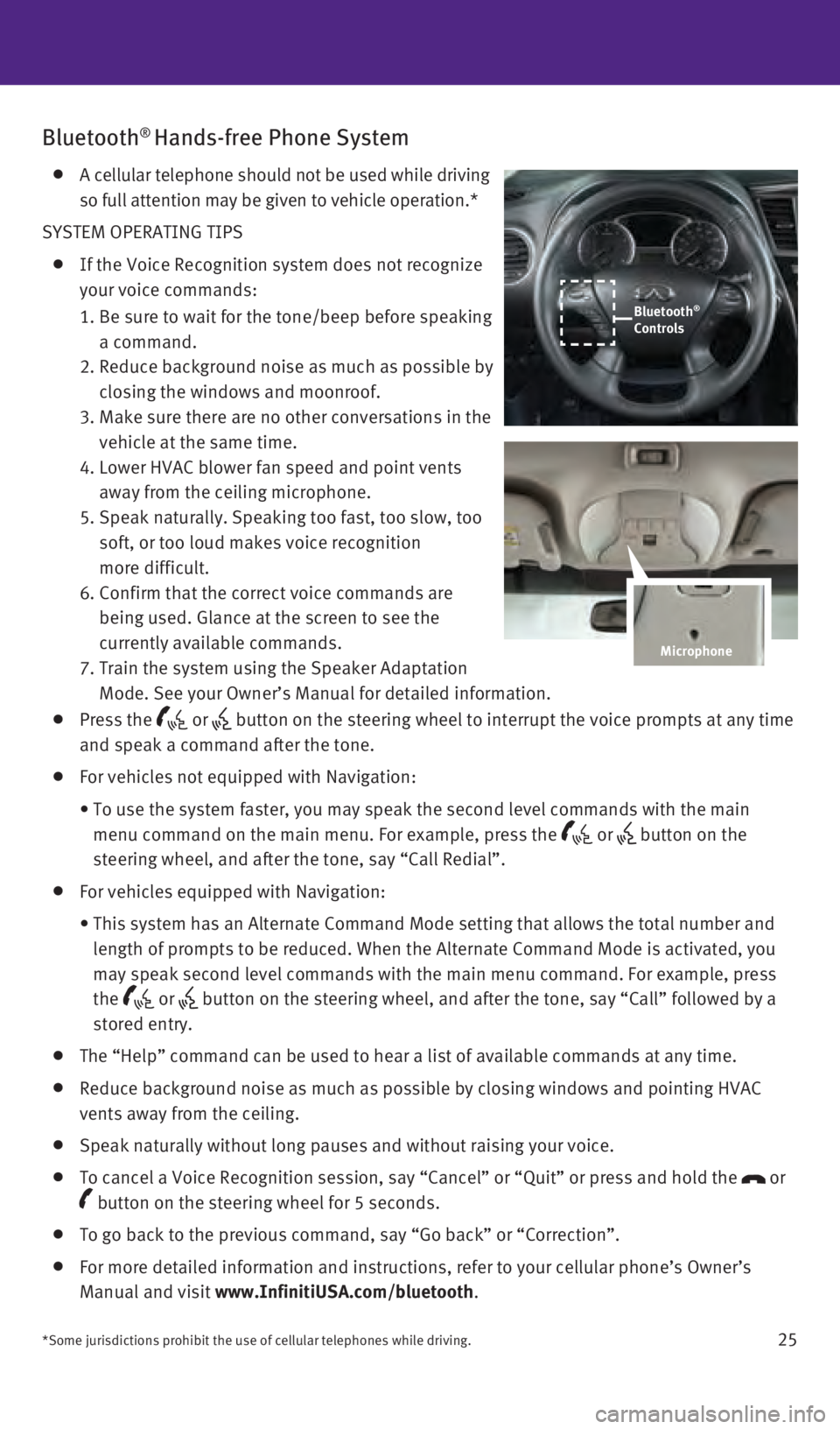 INFINITI QX60 2016  Quick Reference Guide 25
Bluetooth® Hands-free Phone System
    A cellular telephone should not be used while driving 
so full attention may be given to vehicle operation.*
SYSTEM OPERATING TIPS
   If the Voice Recognitio