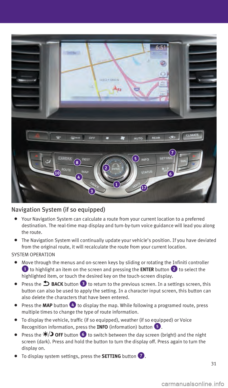 INFINITI QX60 2016  Quick Reference Guide 31
2
3
46
8
17
10
7
1
Navigation System (if so equipped)
   Your Navigation System can calculate a route from your current location \
to a preferred 
destination. The real-time map display and turn-by