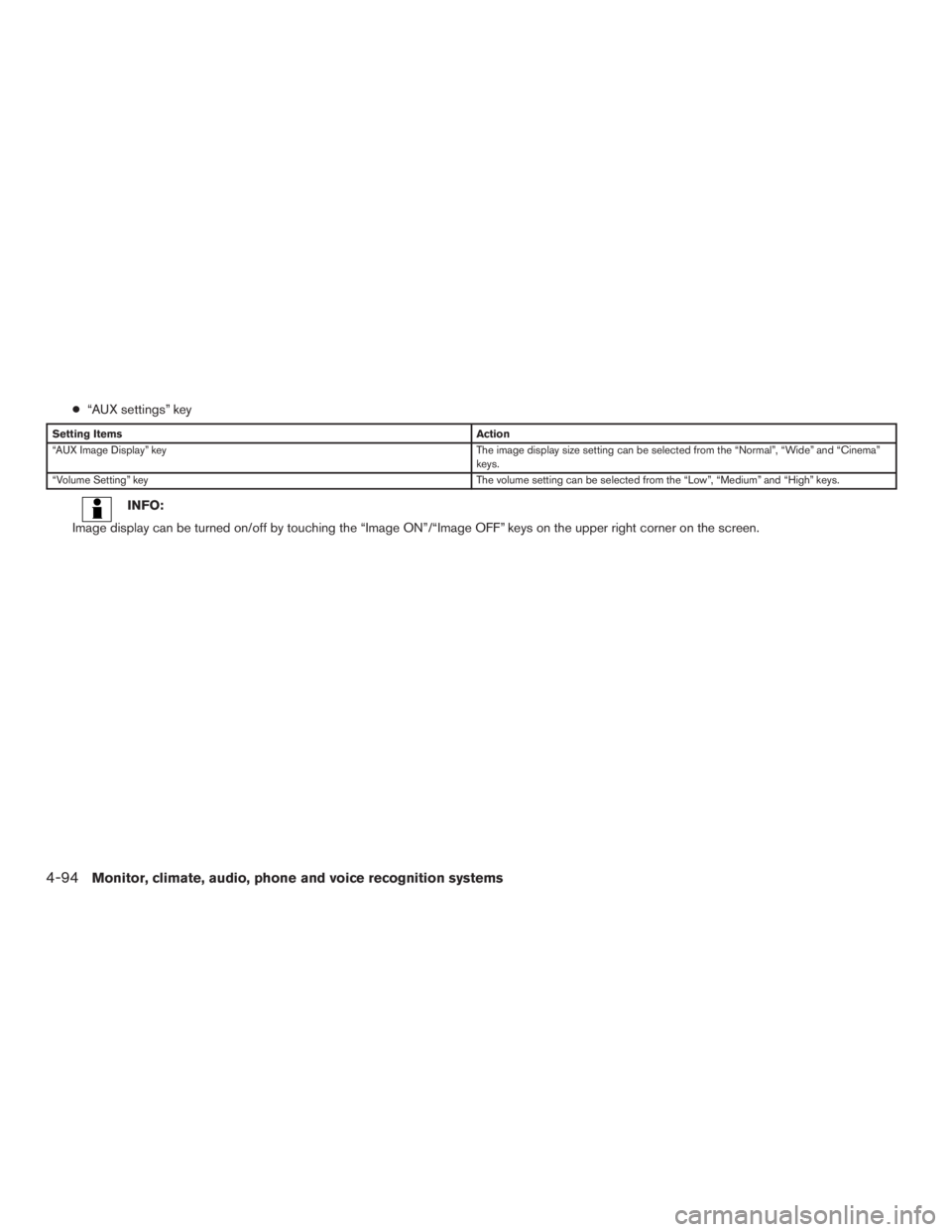 INFINITI QX60 2017  Owners Manual ●“AUX settings” key
Setting Items Action
“AUX Image Display” key The image display size setting can be selected from the “Normal”, “Wide” and “Cinema”
keys.
“Volume Setting” 